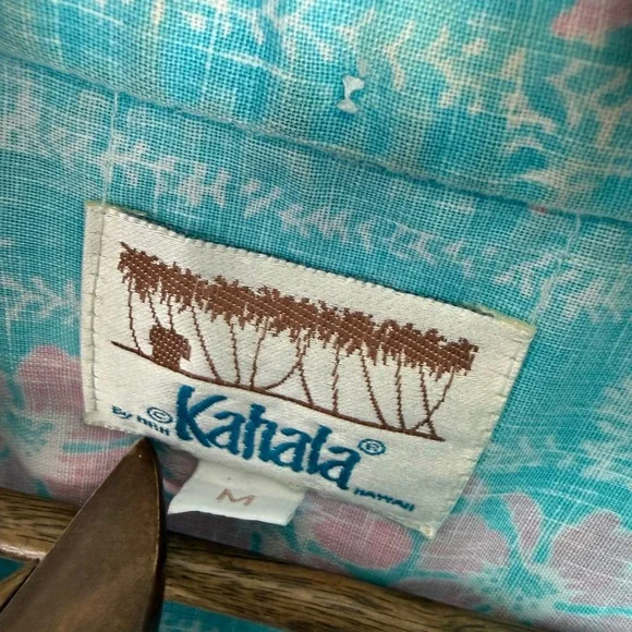 Kahala Vintage Hawaii Mens Medium Blue Pink Floral Stripe Pullover Aloha Shirt - Picture 3 of 6